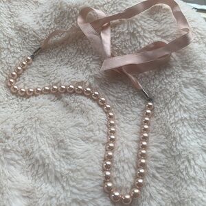 Pink Faux Pearl Satin Ribbon Tie Special Occasion Necklace